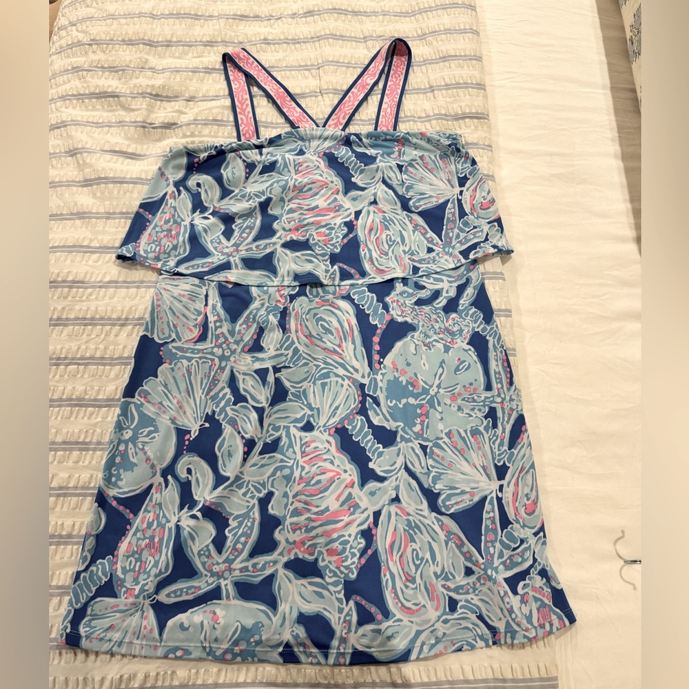 Lilly Pulitzer Shay Blouson Dress SZ Large Into The Deep Bay Blue Coastal Beach
